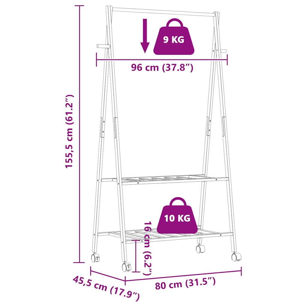 Kledingrek met schappen en wielen 96x45,5x155,5 cm bamboe is nu te koop bij PeponiXL, paradijselijk wonen!