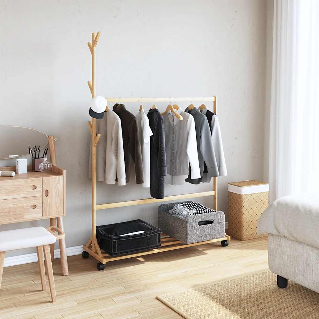 Kledingrek met haken en wielen 100x35x157 cm bamboe is nu te koop bij PeponiXL, paradijselijk wonen!