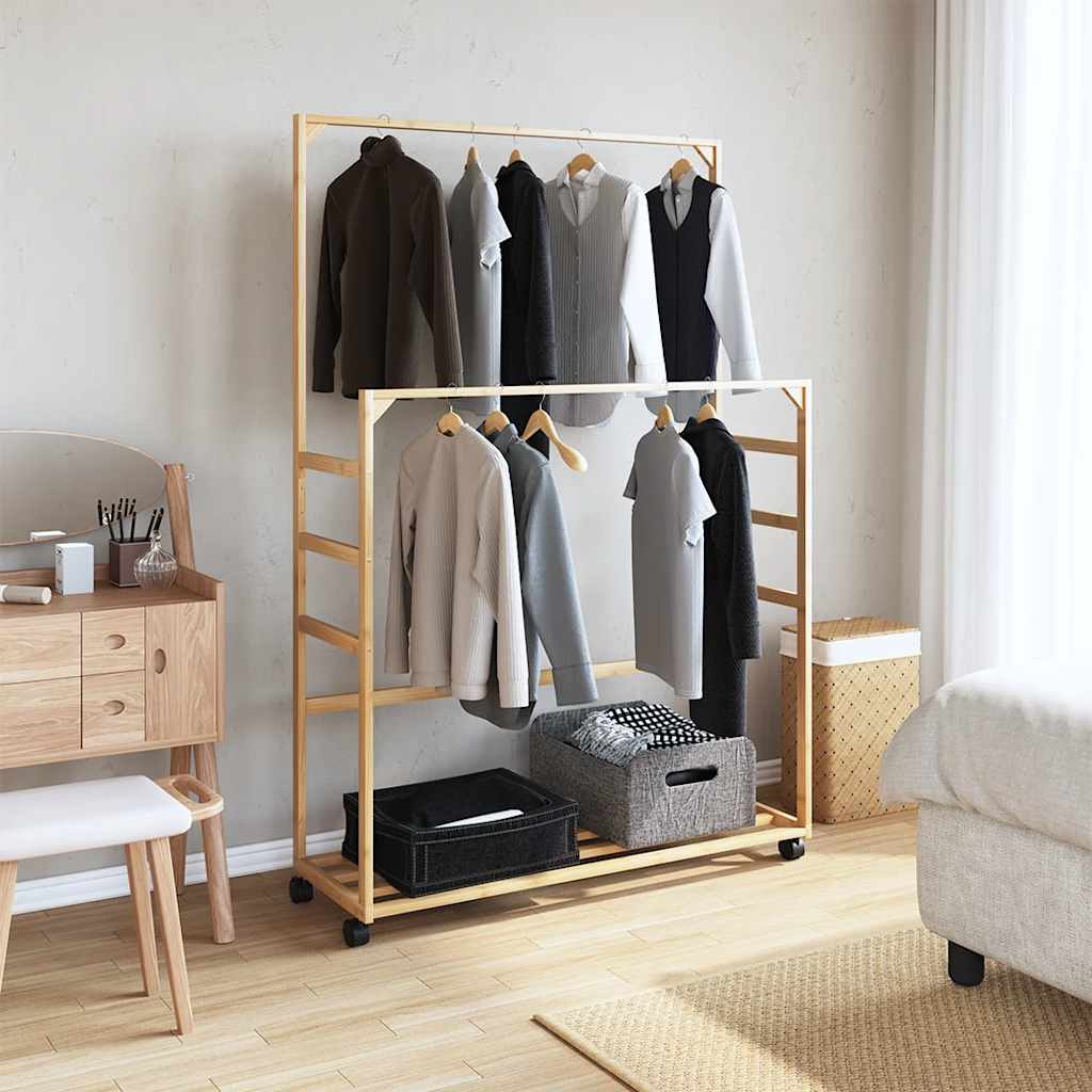 Kledingrek met schappen en wielen 90x35x155 cm bamboe is nu te koop bij PeponiXL, paradijselijk wonen!