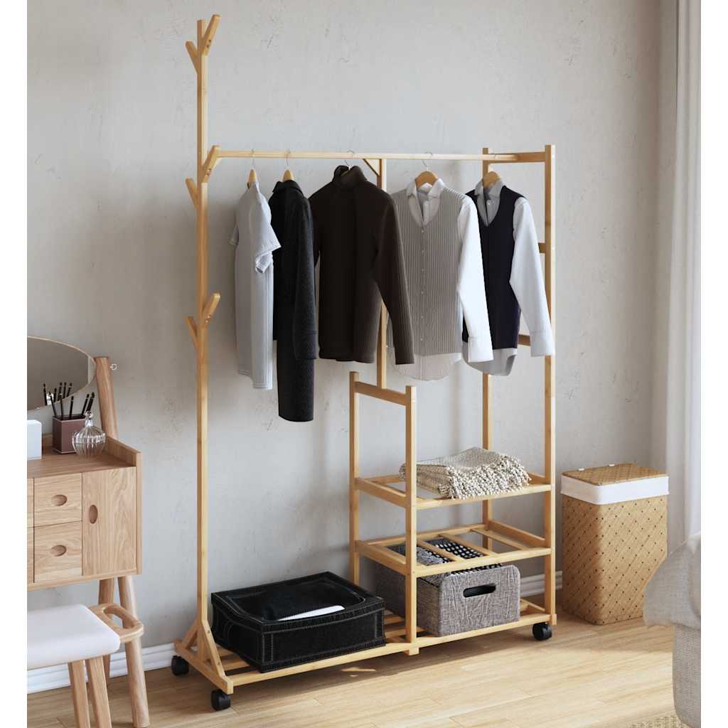 Kledingrek met schappen en wielen 100x38x175,5 cm bamboe is nu te koop bij PeponiXL, paradijselijk wonen!
