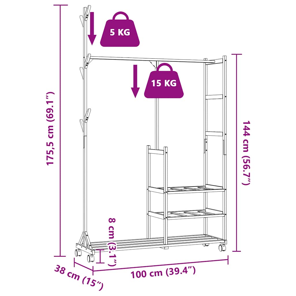 Kledingrek met schappen en wielen 100x38x175,5 cm bamboe is nu te koop bij PeponiXL, paradijselijk wonen!