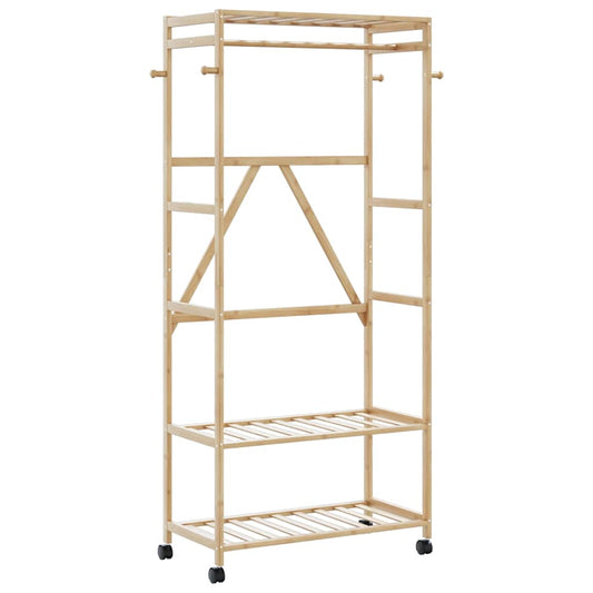 Kledingrek met schappen en wielen 90x40x179,5 cm bamboe is nu te koop bij PeponiXL, paradijselijk wonen!