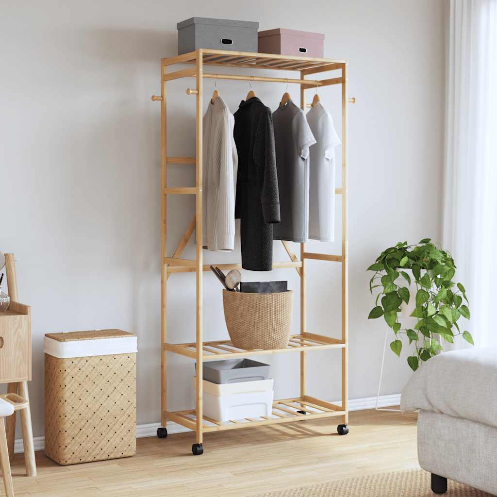 Kledingrek met schappen en wielen 90x40x179,5 cm bamboe is nu te koop bij PeponiXL, paradijselijk wonen!