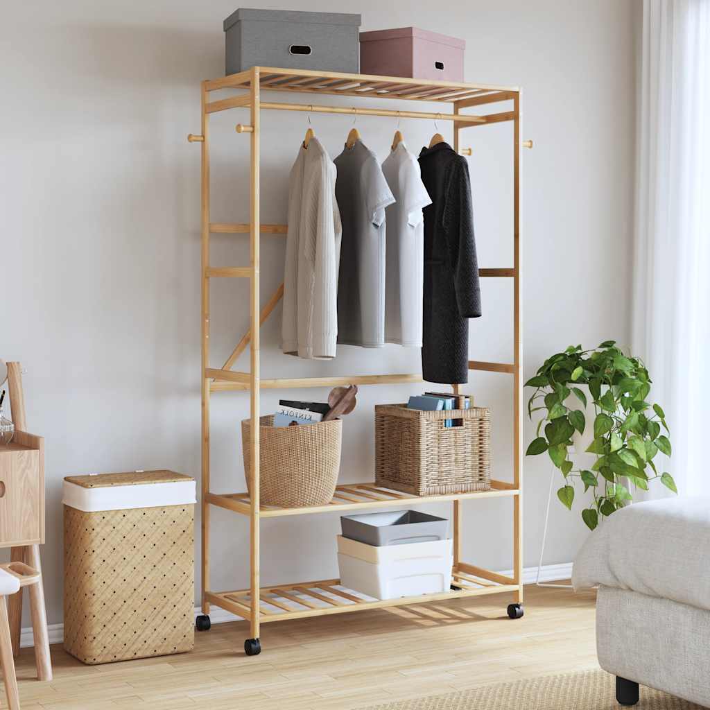 Kledingrek met schappen en wielen 110x40x180 cm bamboe is nu te koop bij PeponiXL, paradijselijk wonen!