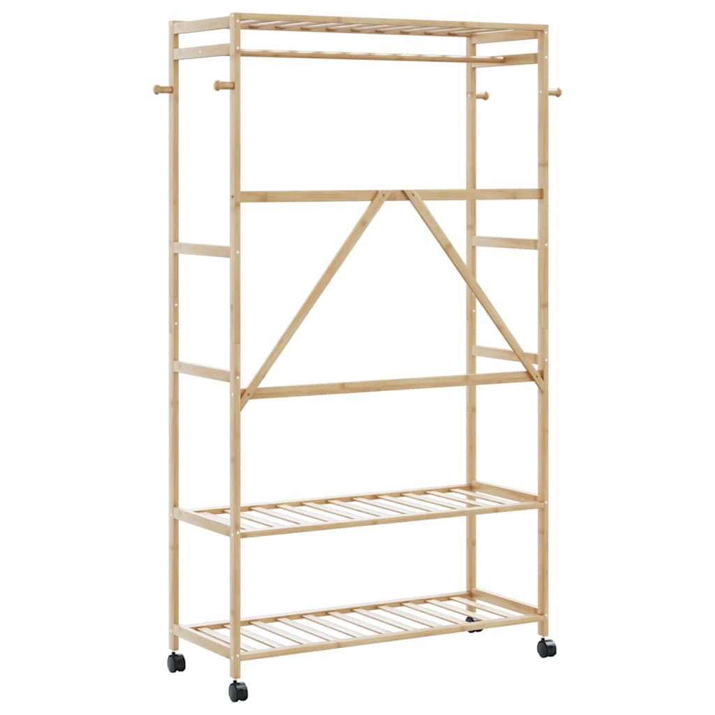 Kledingrek met schappen en wielen 110x40x180 cm bamboe is nu te koop bij PeponiXL, paradijselijk wonen!