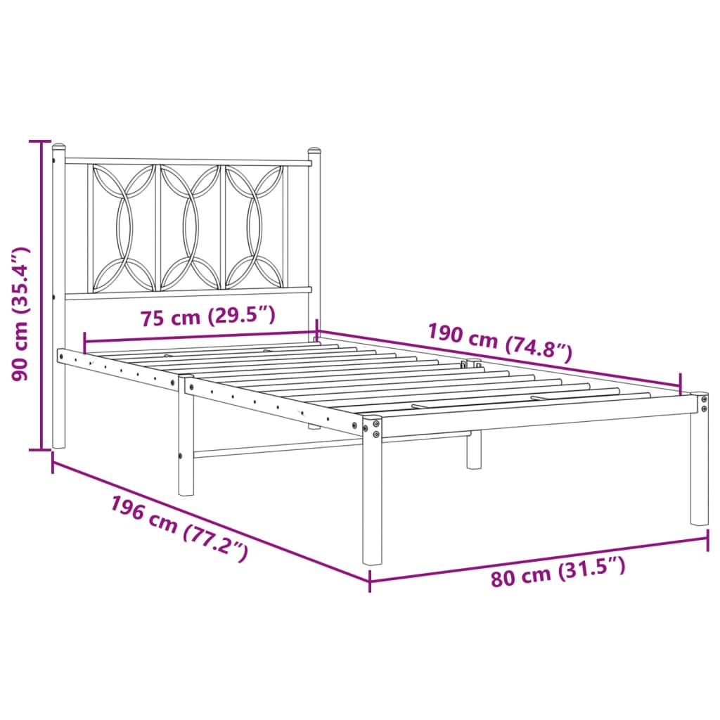 Bedframe met hoofdbord metaal zwart 75x190 cm is nu te koop bij PeponiXL, paradijselijk wonen!