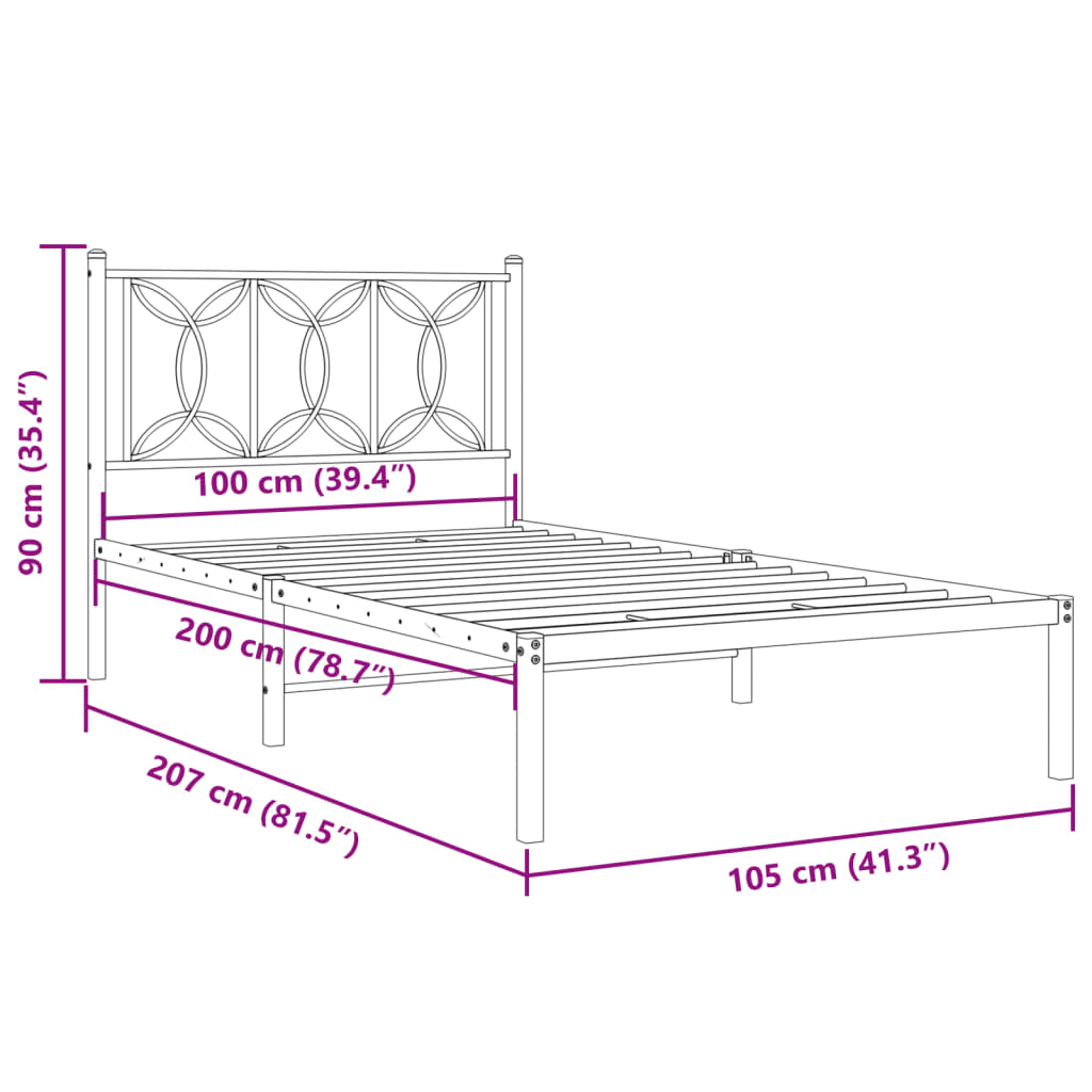 Bedframe met hoofdbord metaal zwart 100x200 cm is nu te koop bij PeponiXL, paradijselijk wonen!