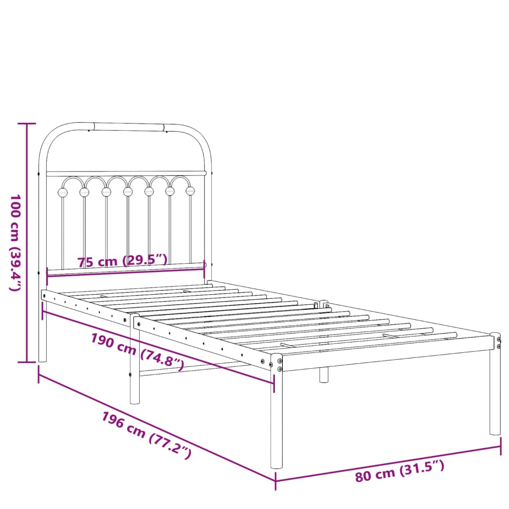Bedframe met hoofdbord metaal zwart 75x190 cm is nu te koop bij PeponiXL, paradijselijk wonen!