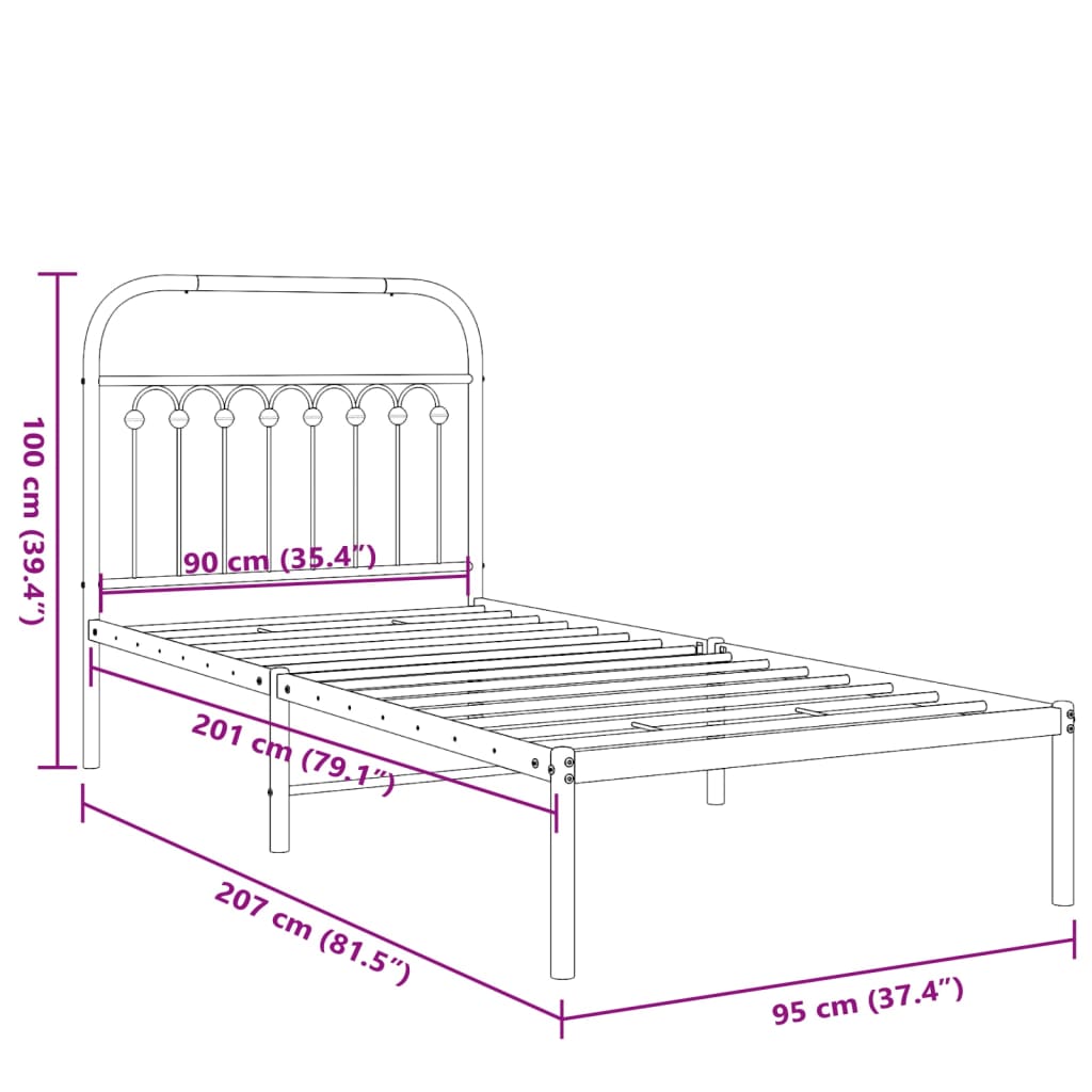 Bedframe met hoofdbord metaal zwart 90x200 cm is nu te koop bij PeponiXL, paradijselijk wonen!