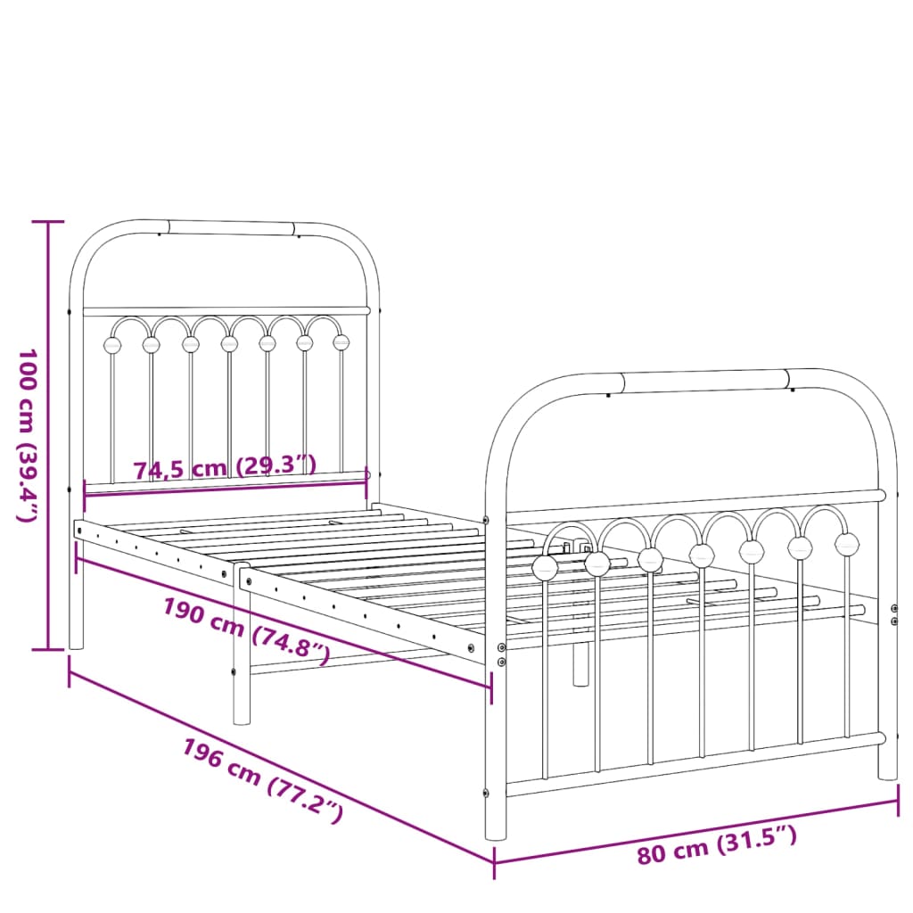 Bedframe met hoofd- en voeteneinde metaal zwart 75x190 cm is nu te koop bij PeponiXL, paradijselijk wonen!