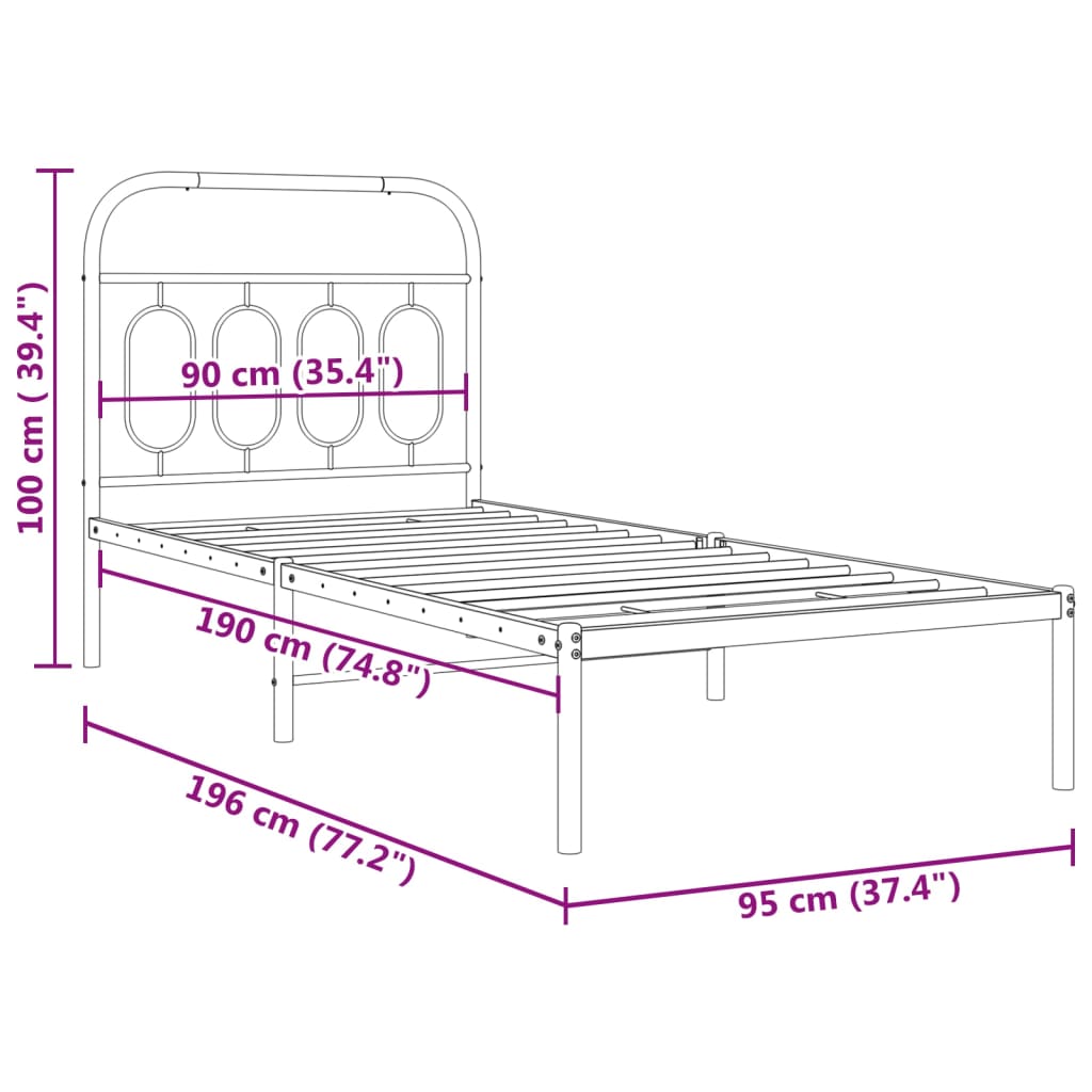 Bedframe met hoofdbord metaal zwart 90x190 cm is nu te koop bij PeponiXL, paradijselijk wonen!
