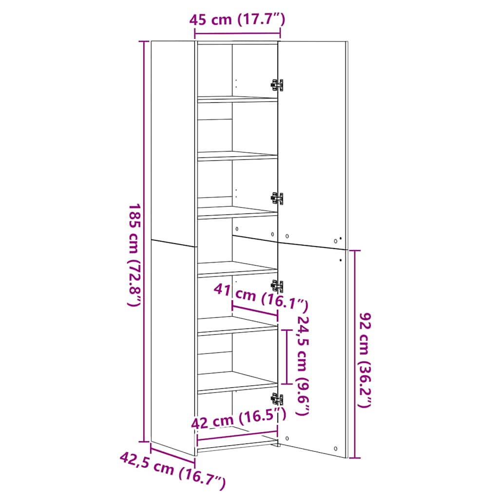Hoge kast 45x42,5x185 cm bewerkt hout sonoma eikenkleurig is nu te koop bij PeponiXL, paradijselijk wonen!