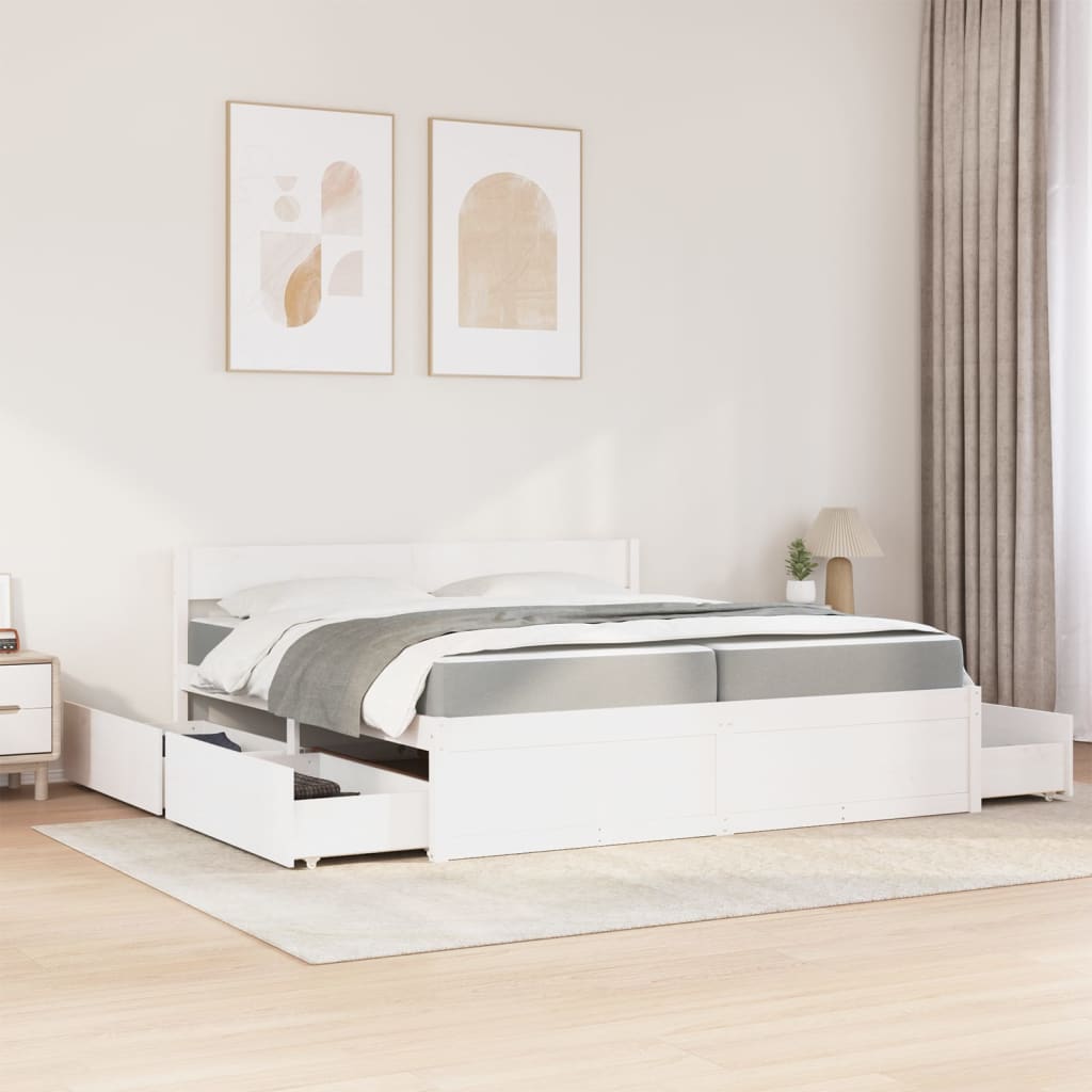Bed met lades en matras massief grenenhout wit 200x200 cm is nu te koop bij PeponiXL, paradijselijk wonen!