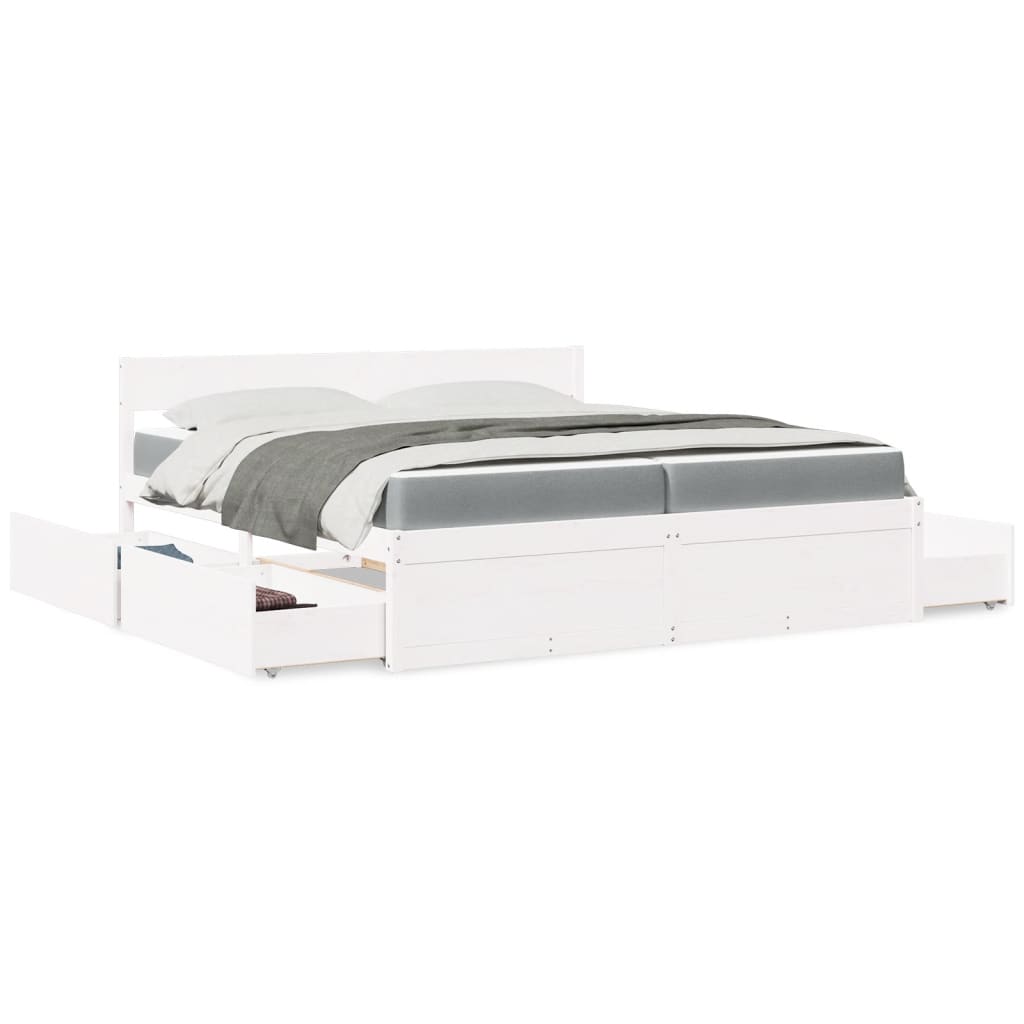 Bed met lades en matras massief grenenhout wit 200x200 cm is nu te koop bij PeponiXL, paradijselijk wonen!