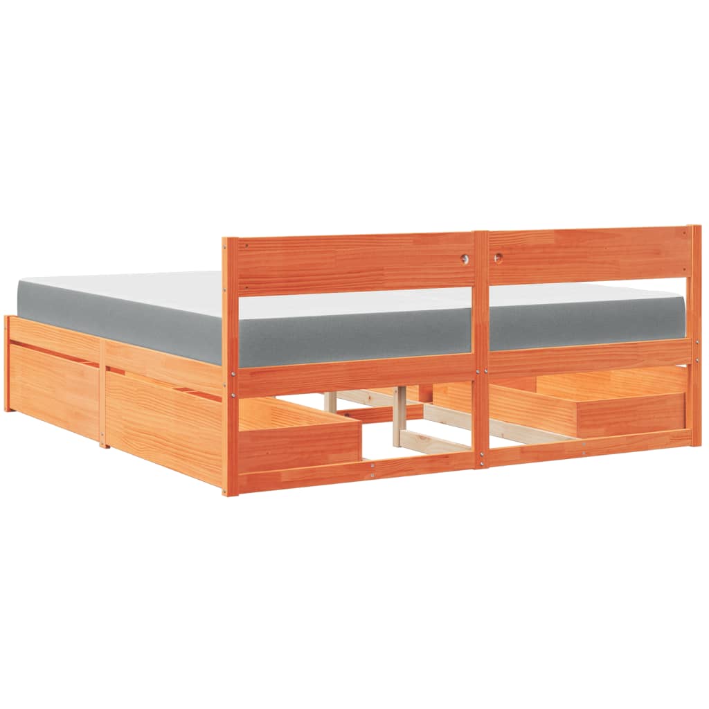 Bed met lades en matras massief grenenhout wasbruin 200x200 cm is nu te koop bij PeponiXL, paradijselijk wonen!