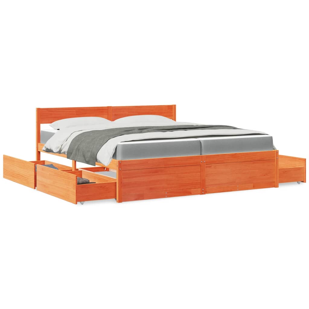 Bed met lades en matras massief grenenhout wasbruin 200x200 cm is nu te koop bij PeponiXL, paradijselijk wonen!