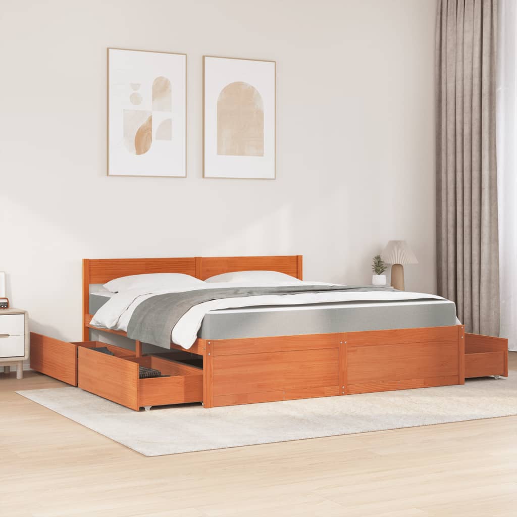 Bed met lades en matras massief grenenhout wasbruin 180x200 cm is nu te koop bij PeponiXL, paradijselijk wonen!