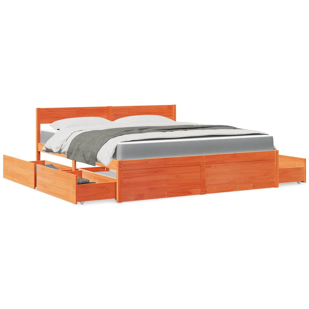 Bed met lades en matras massief grenenhout wasbruin 180x200 cm is nu te koop bij PeponiXL, paradijselijk wonen!