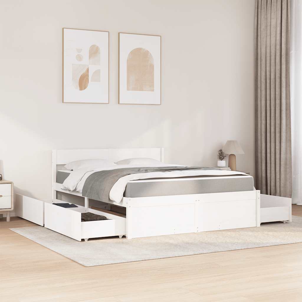 Bed met lades en matras massief grenenhout wit 140x200 cm is nu te koop bij PeponiXL, paradijselijk wonen!