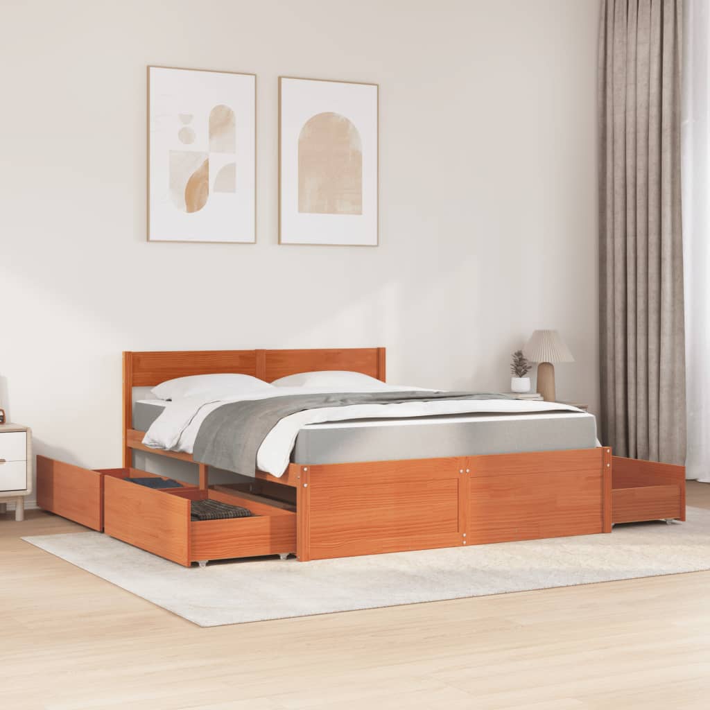 Bed met lades en matras massief grenenhout wasbruin 140x200 cm is nu te koop bij PeponiXL, paradijselijk wonen!