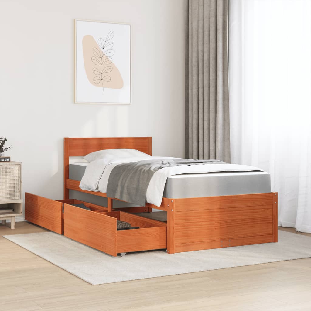 Bed met lades en matras massief grenenhout wasbruin 100x200 cm is nu te koop bij PeponiXL, paradijselijk wonen!