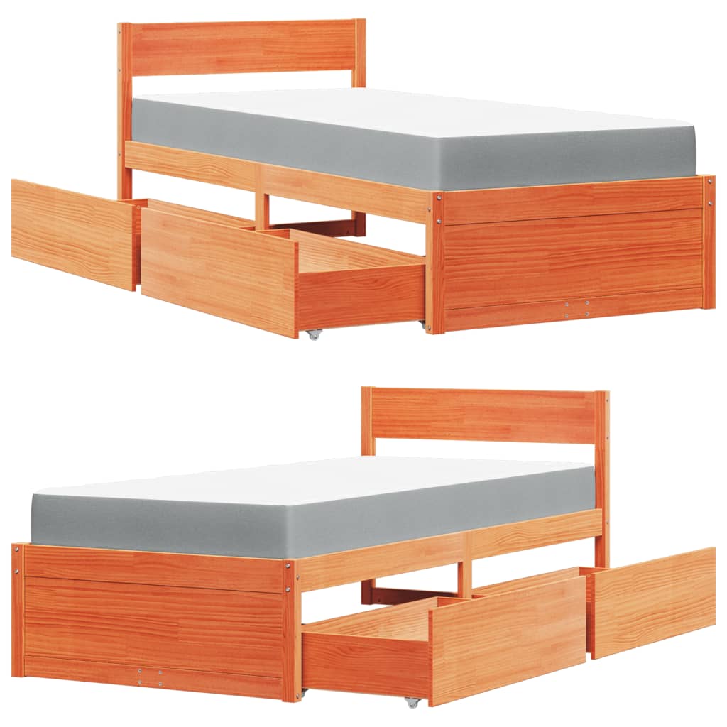Bed met lades en matras massief grenenhout wasbruin 100x200 cm is nu te koop bij PeponiXL, paradijselijk wonen!