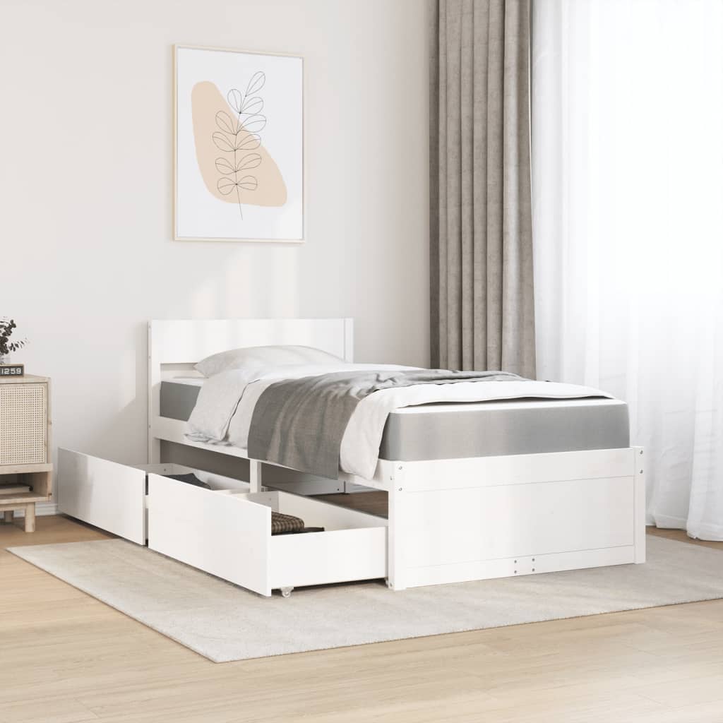 Bed met lades en matras massief grenenhout wit 90x200 cm is nu te koop bij PeponiXL, paradijselijk wonen!