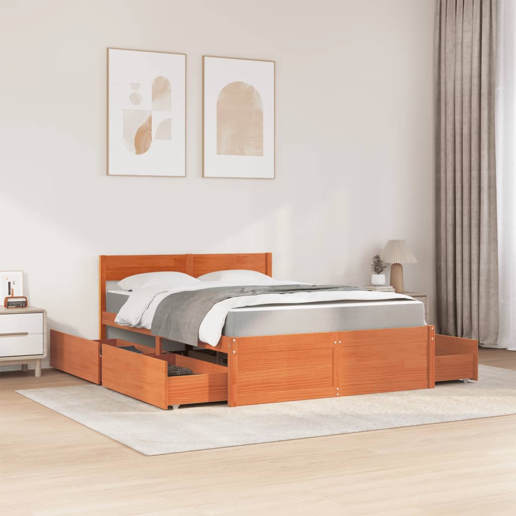 Bed met lades en matras massief grenenhout wasbruin 140x190 cm is nu te koop bij PeponiXL, paradijselijk wonen!