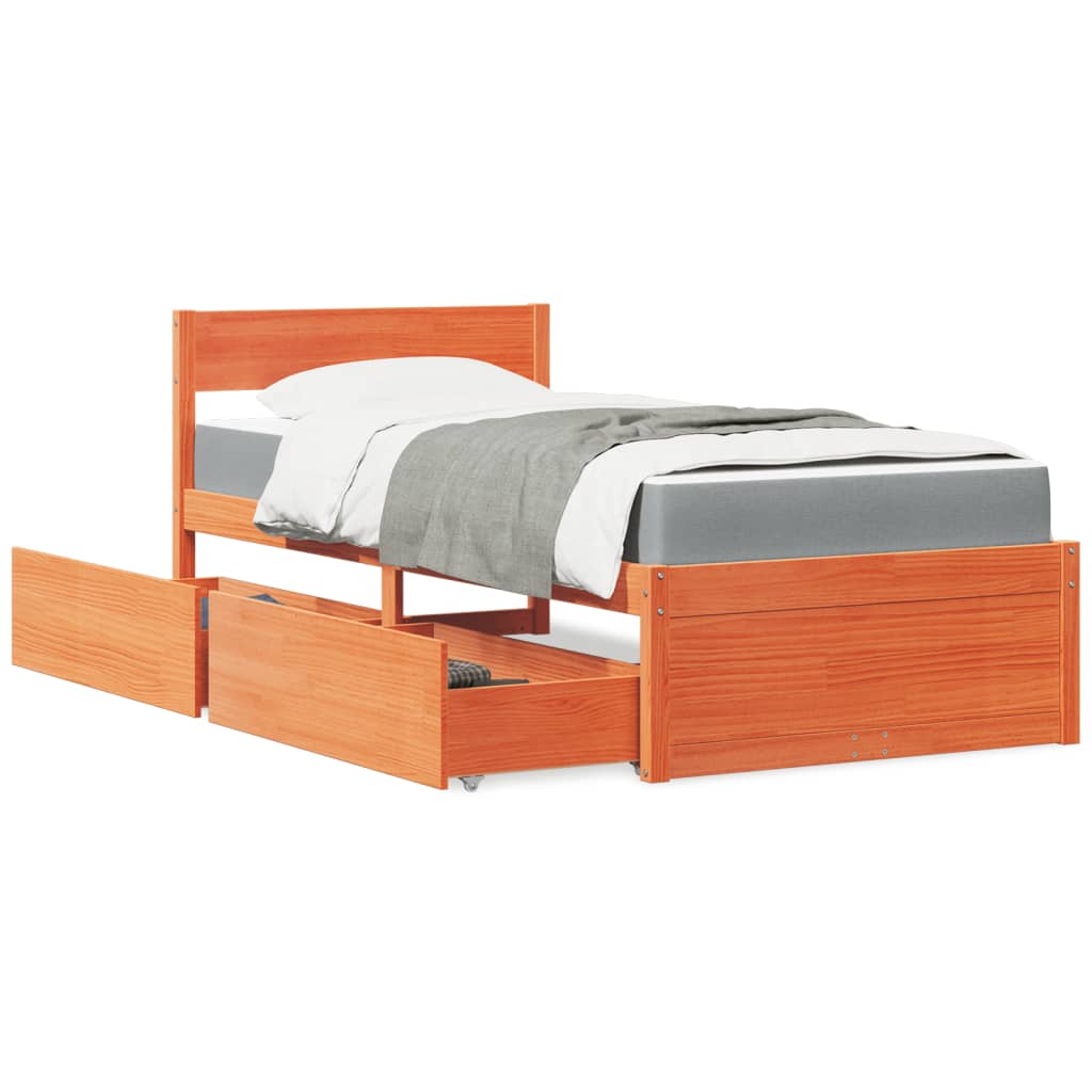 Bed met lades en matras massief grenenhout wasbruin 90x190 cm is nu te koop bij PeponiXL, paradijselijk wonen!