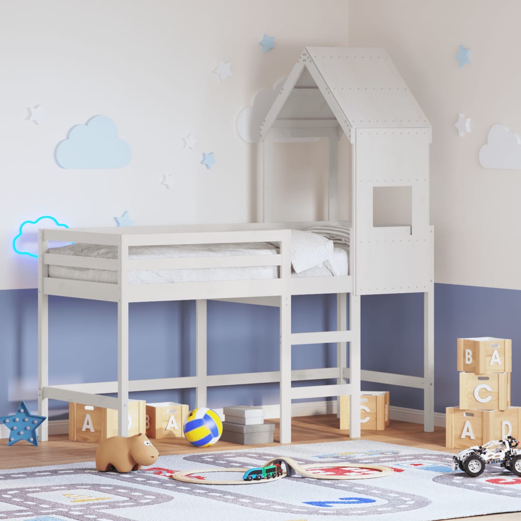 Halfhoogslaper met ladder en bedhuis grenenhout wit 90x190 cm is nu te koop bij PeponiXL, paradijselijk wonen!