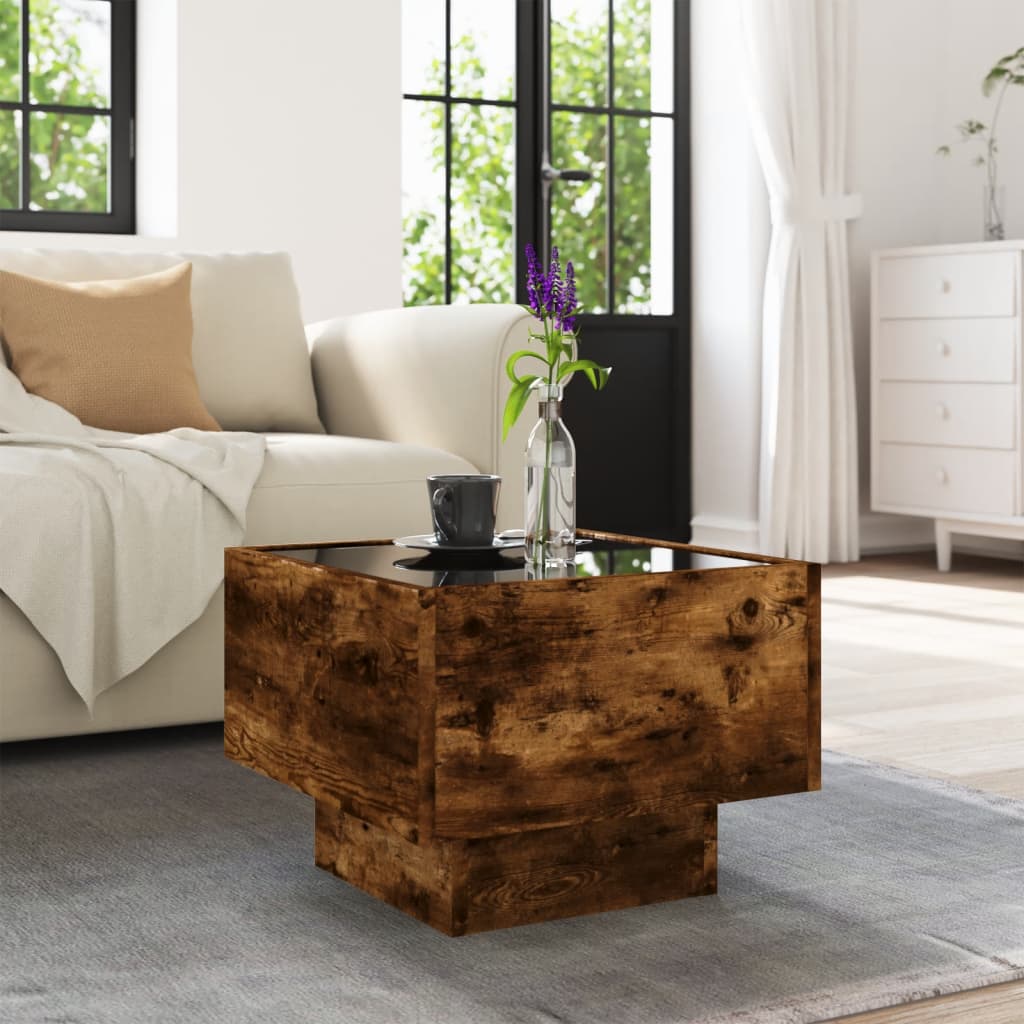 Bijzettafel met LED 40x40x30 cm bewerkt hout gerookt eikenkleur is nu te koop bij PeponiXL, paradijselijk wonen!