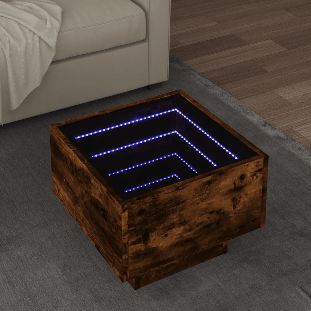 Bijzettafel met LED 40x40x30 cm bewerkt hout gerookt eikenkleur is nu te koop bij PeponiXL, paradijselijk wonen!