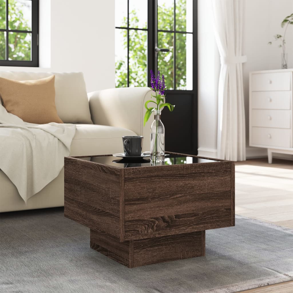 Bijzettafel met LED 40x40x30 cm bewerkt hout bruin eikenkleur is nu te koop bij PeponiXL, paradijselijk wonen!