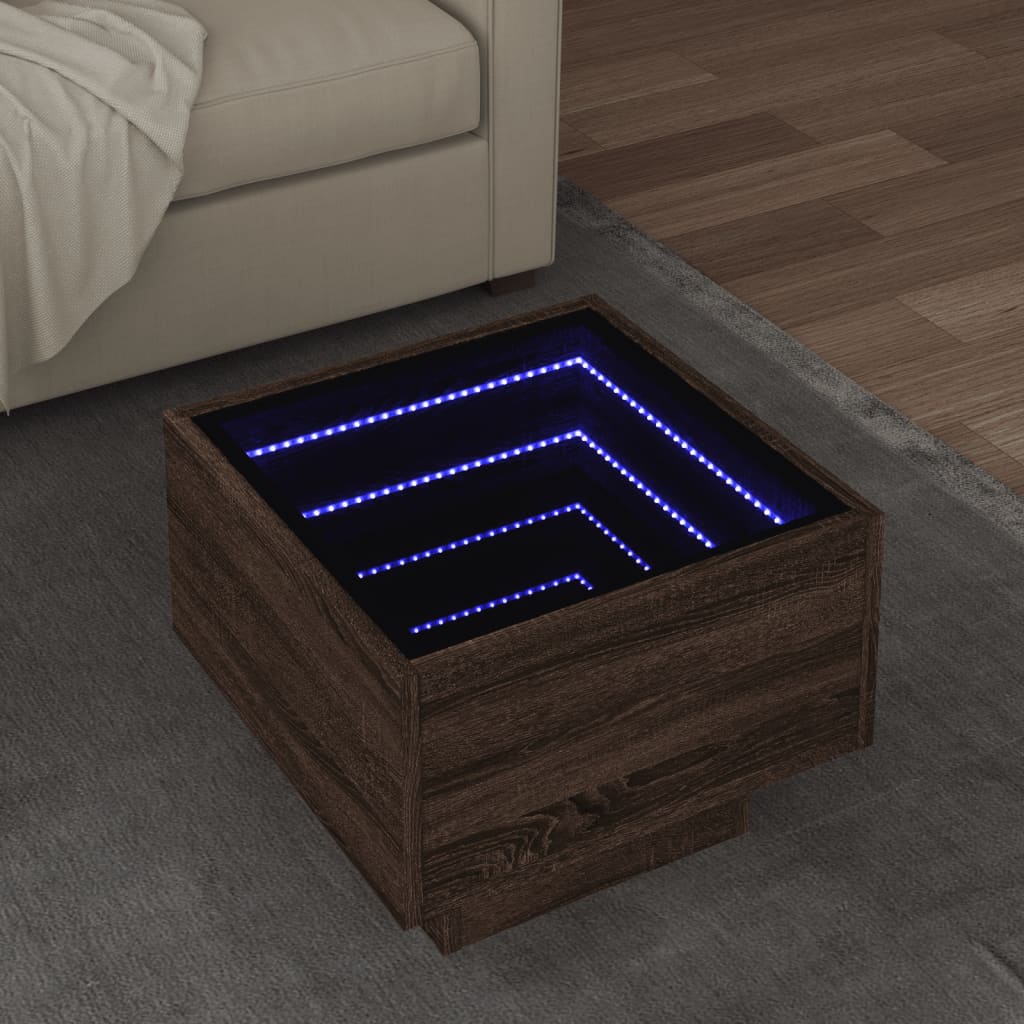 Bijzettafel met LED 40x40x30 cm bewerkt hout bruin eikenkleur is nu te koop bij PeponiXL, paradijselijk wonen!