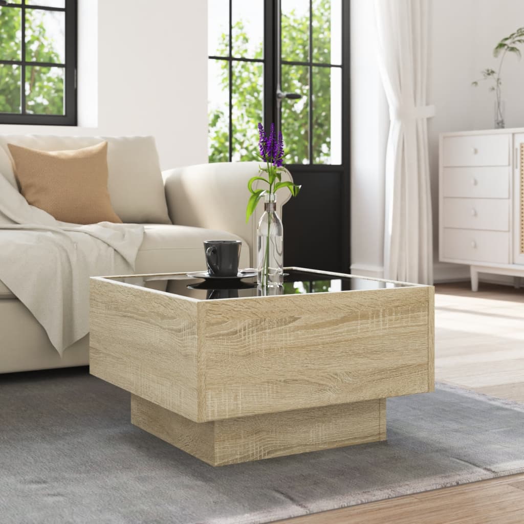 Salontafel met LED 50x50x30 cm bewerkt hout sonoma eikenkleurig is nu te koop bij PeponiXL, paradijselijk wonen!