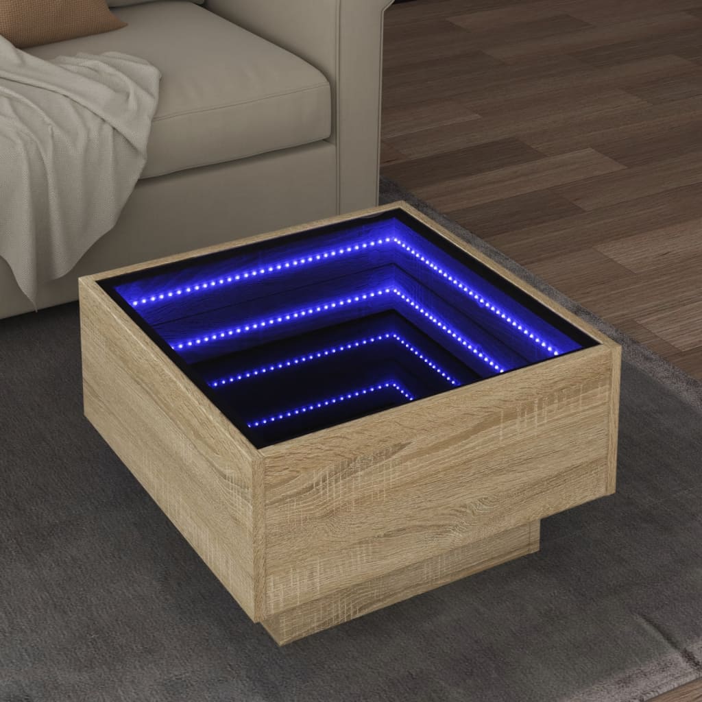 Salontafel met LED 50x50x30 cm bewerkt hout sonoma eikenkleurig is nu te koop bij PeponiXL, paradijselijk wonen!
