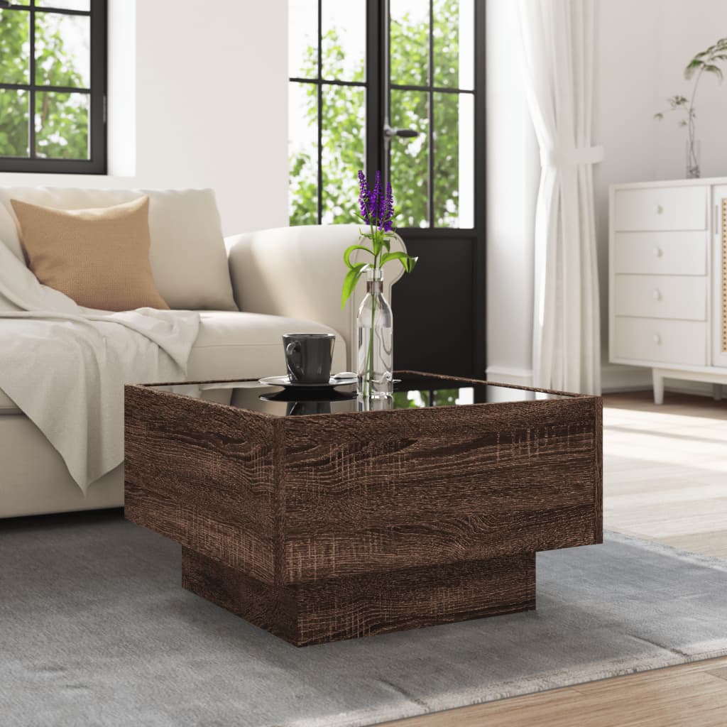Salontafel met LED 50x50x30 cm bewerkt hout bruin eikenkleurig is nu te koop bij PeponiXL, paradijselijk wonen!