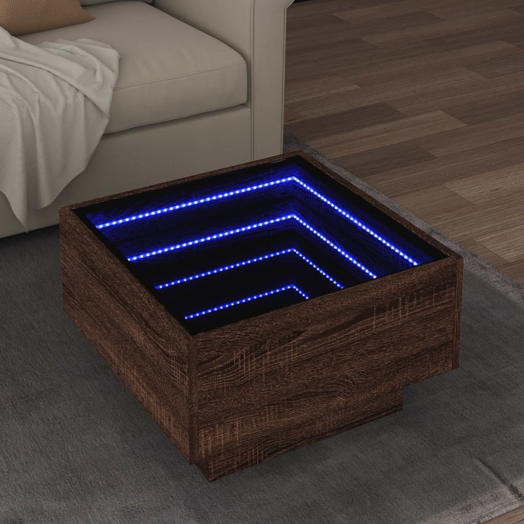 Salontafel met LED 50x50x30 cm bewerkt hout bruin eikenkleurig is nu te koop bij PeponiXL, paradijselijk wonen!