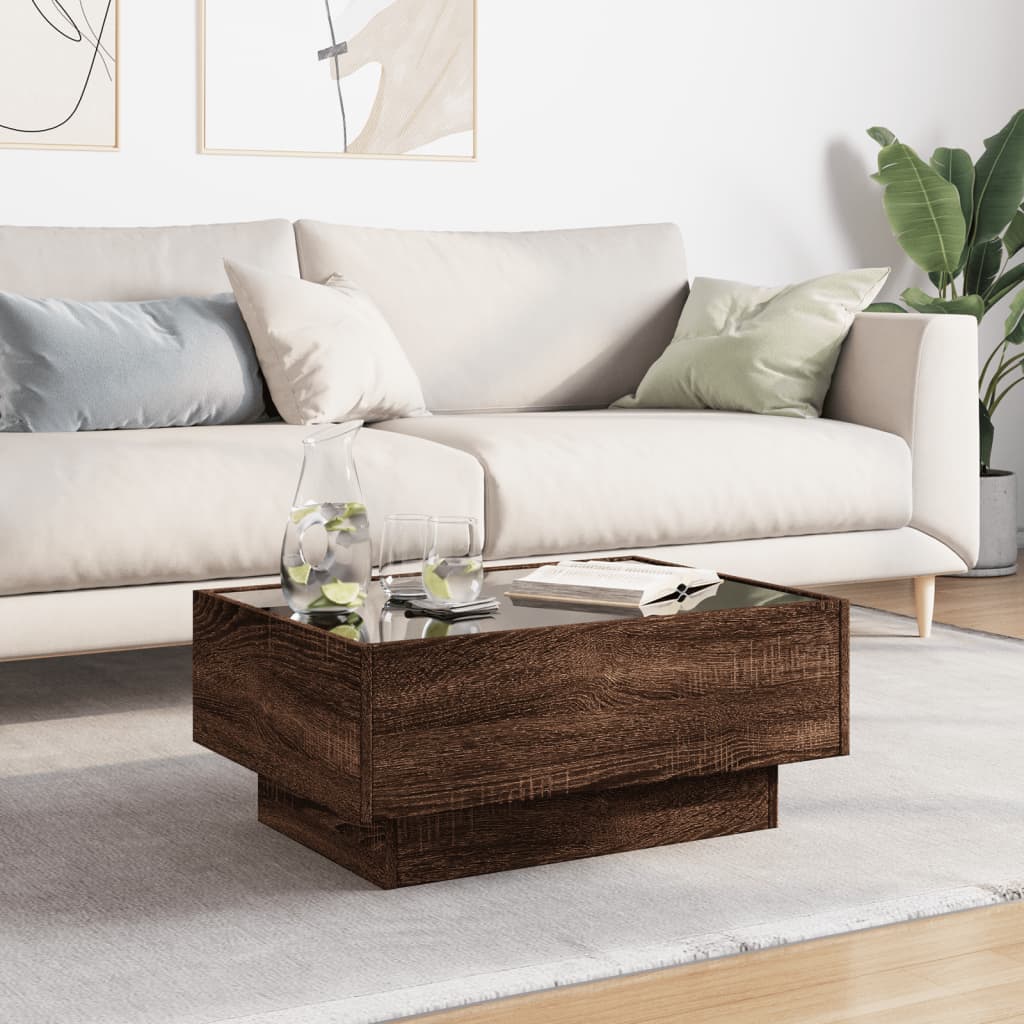 Salontafel met LED 70x50x30 cm bewerkt hout bruin eikenkleurig is nu te koop bij PeponiXL, paradijselijk wonen!