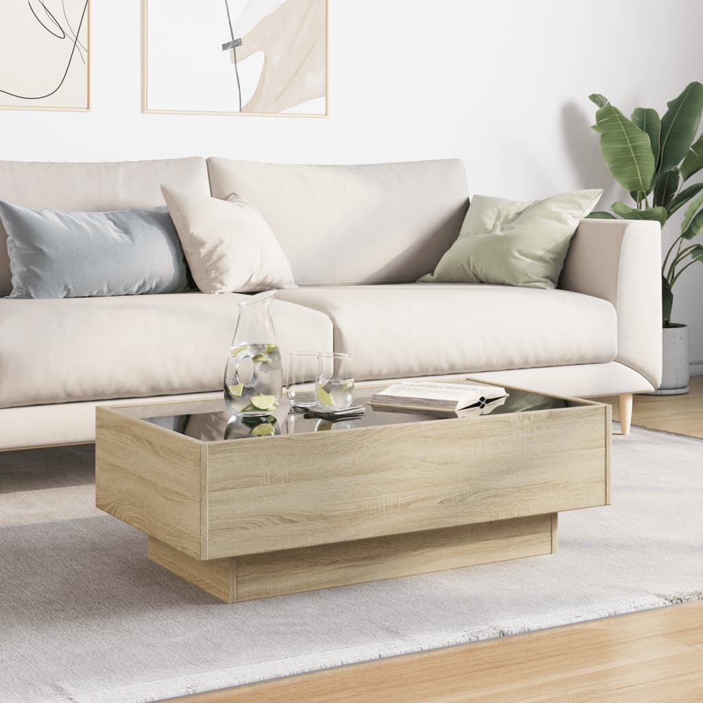 Salontafel met LED 90x50x30 cm bewerkt hout sonoma eikenkleurig is nu te koop bij PeponiXL, paradijselijk wonen!