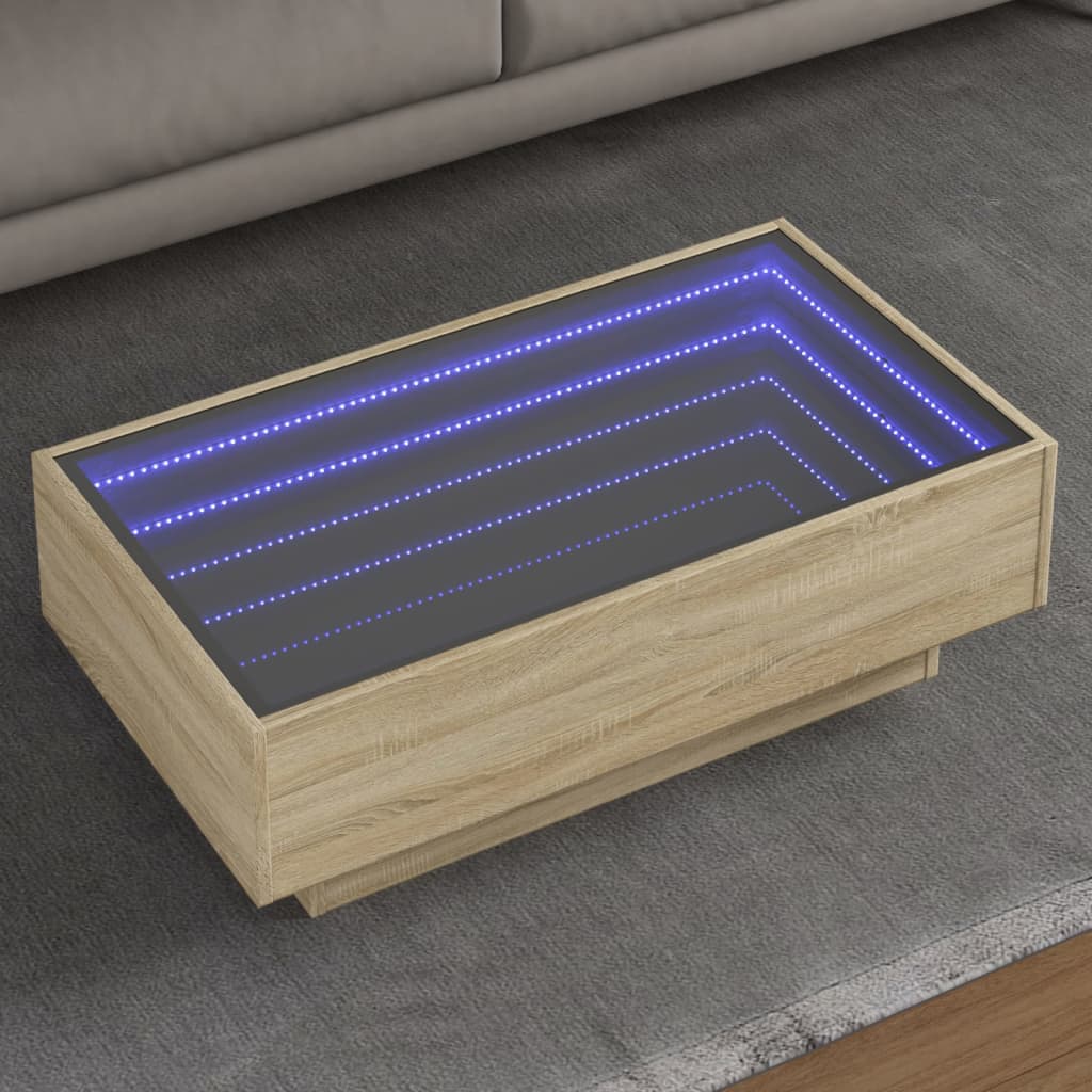 Salontafel met LED 90x50x30 cm bewerkt hout sonoma eikenkleurig is nu te koop bij PeponiXL, paradijselijk wonen!