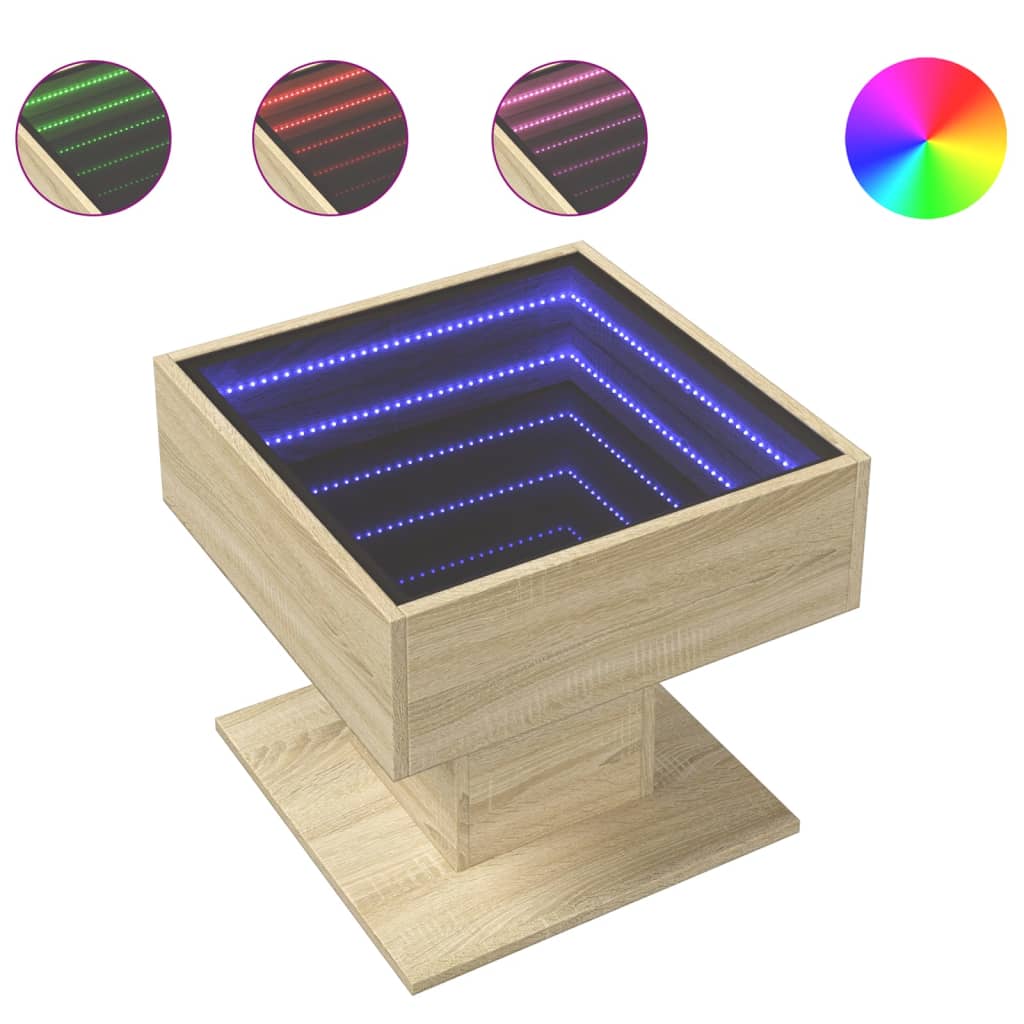Salontafel met LED 50x50x45 cm bewerkt hout sonoma eikenkleurig is nu te koop bij PeponiXL, paradijselijk wonen!