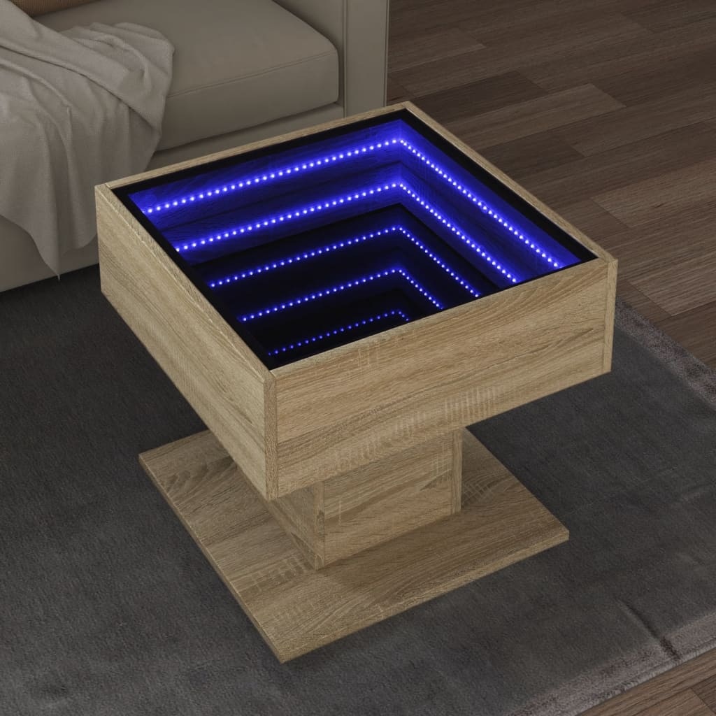 Salontafel met LED 50x50x45 cm bewerkt hout sonoma eikenkleurig is nu te koop bij PeponiXL, paradijselijk wonen!