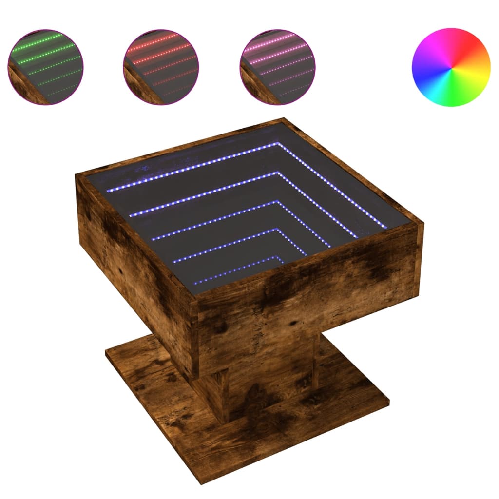 Salontafel met LED 50x50x45 cm bewerkt hout gerookt eikenkleur is nu te koop bij PeponiXL, paradijselijk wonen!