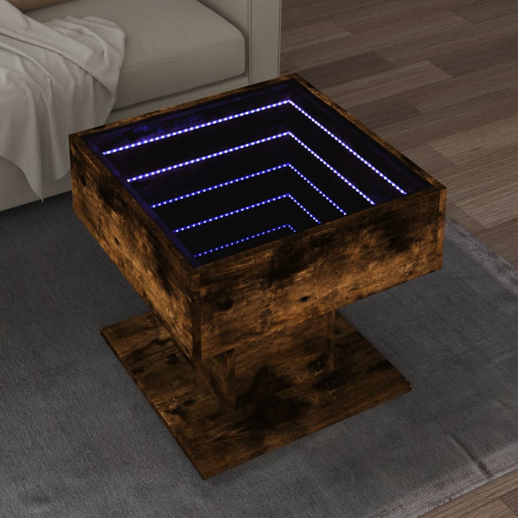 Salontafel met LED 50x50x45 cm bewerkt hout gerookt eikenkleur is nu te koop bij PeponiXL, paradijselijk wonen!