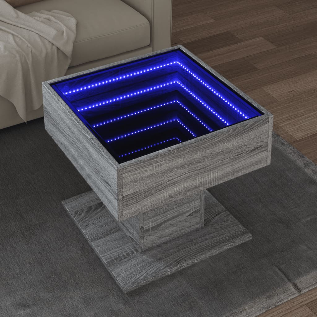 Salontafel met LED 50x50x45 cm bewerkt hout grijs sonoma eiken is nu te koop bij PeponiXL, paradijselijk wonen!
