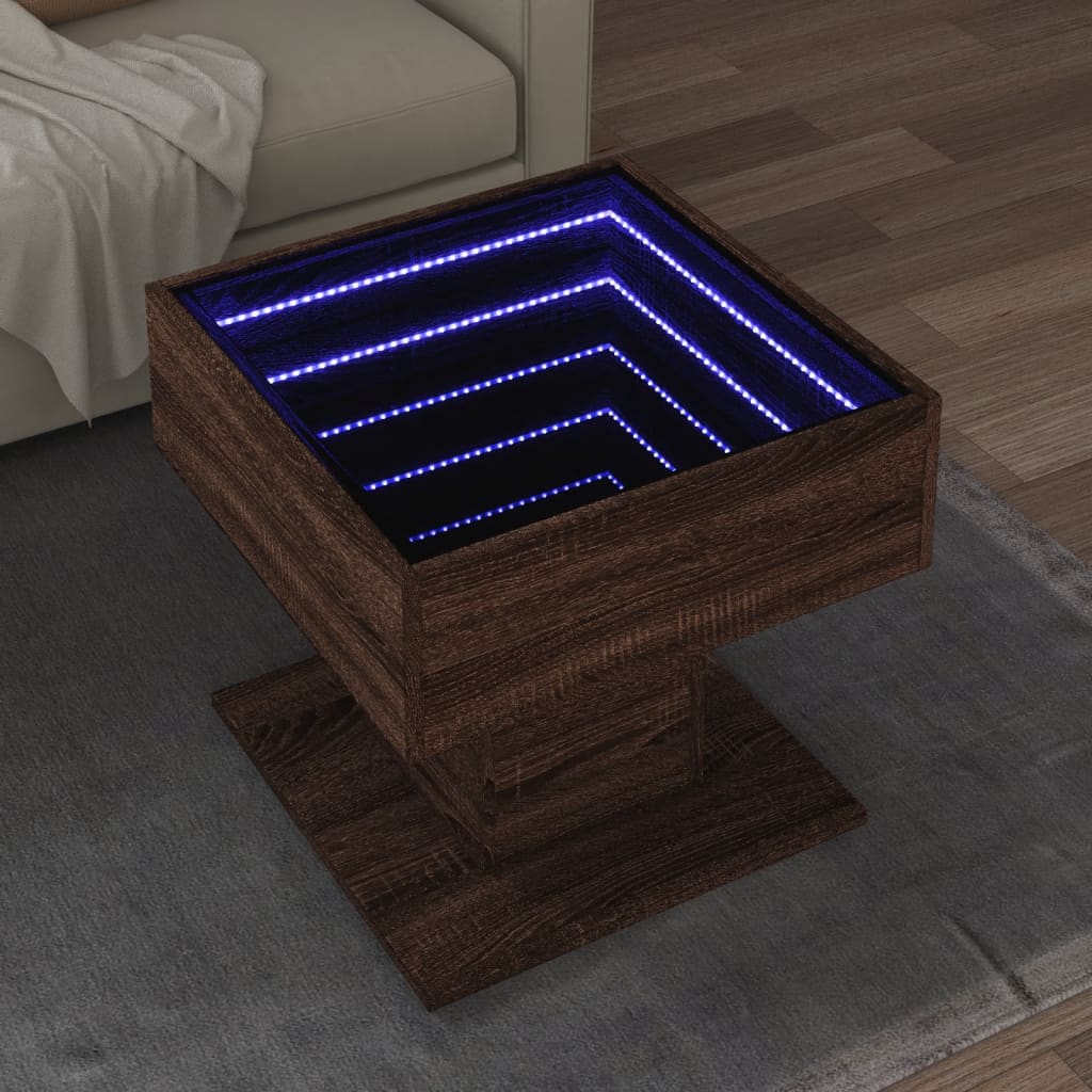 Salontafel met LED 50x50x45 cm bewerkt hout bruin eikenkleurig is nu te koop bij PeponiXL, paradijselijk wonen!
