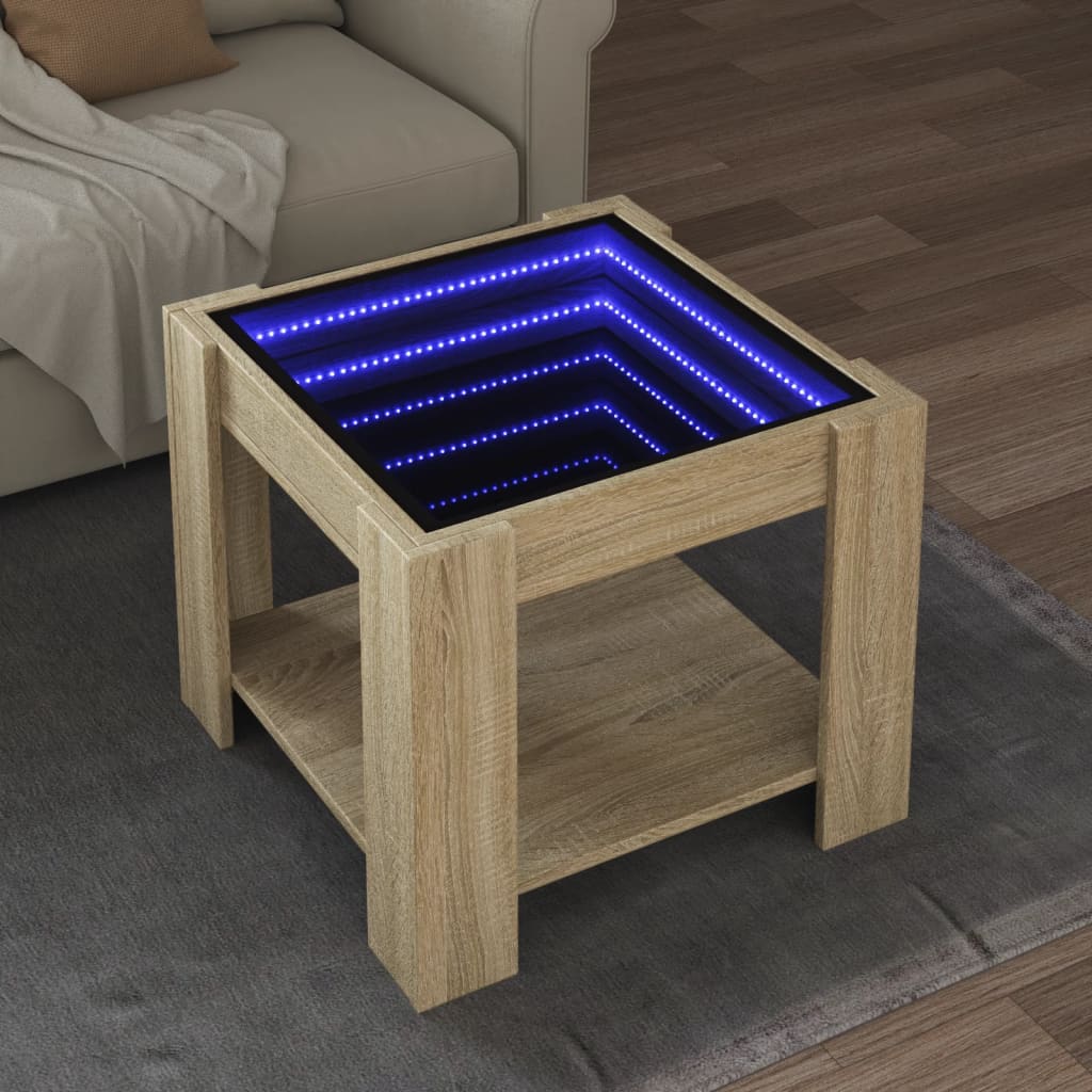 Salontafel met LED 53x53x45 cm bewerkt hout sonoma eikenkleurig is nu te koop bij PeponiXL, paradijselijk wonen!