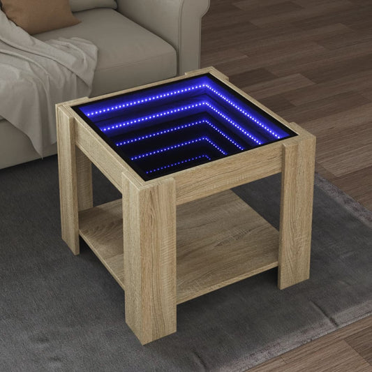 Salontafel met LED 53x53x45 cm bewerkt hout sonoma eikenkleurig is nu te koop bij PeponiXL, paradijselijk wonen!
