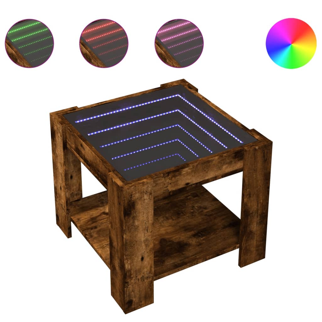 Salontafel met LED 53x53x45 cm bewerkt hout gerookt eikenkleur is nu te koop bij PeponiXL, paradijselijk wonen!